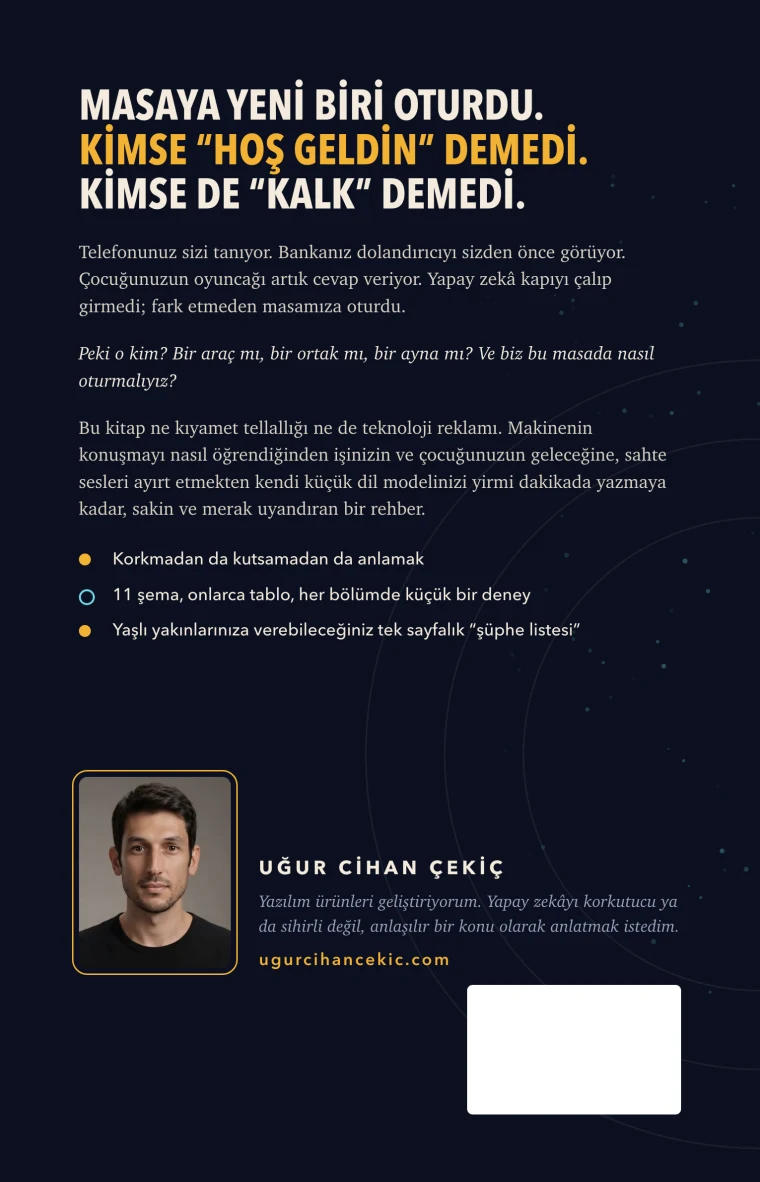 Back cover of Makineyle Aynı Masada with the author's photo