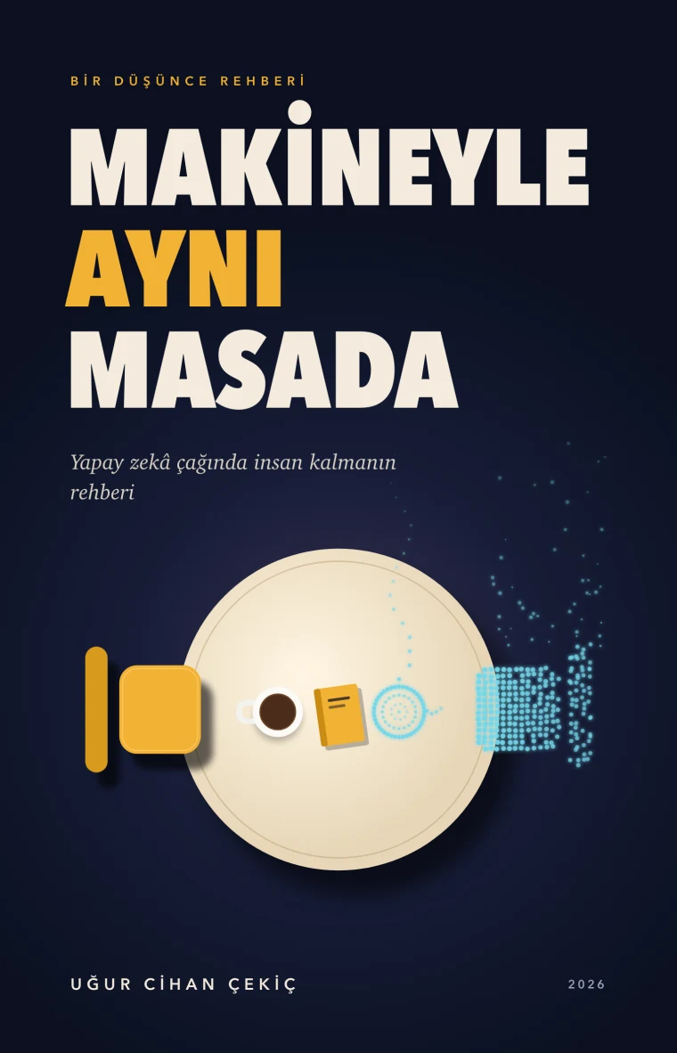Cover of the book Makineyle Aynı Masada: a round table seen from above, a solid amber chair on the left and a chair made of cyan dots on the right