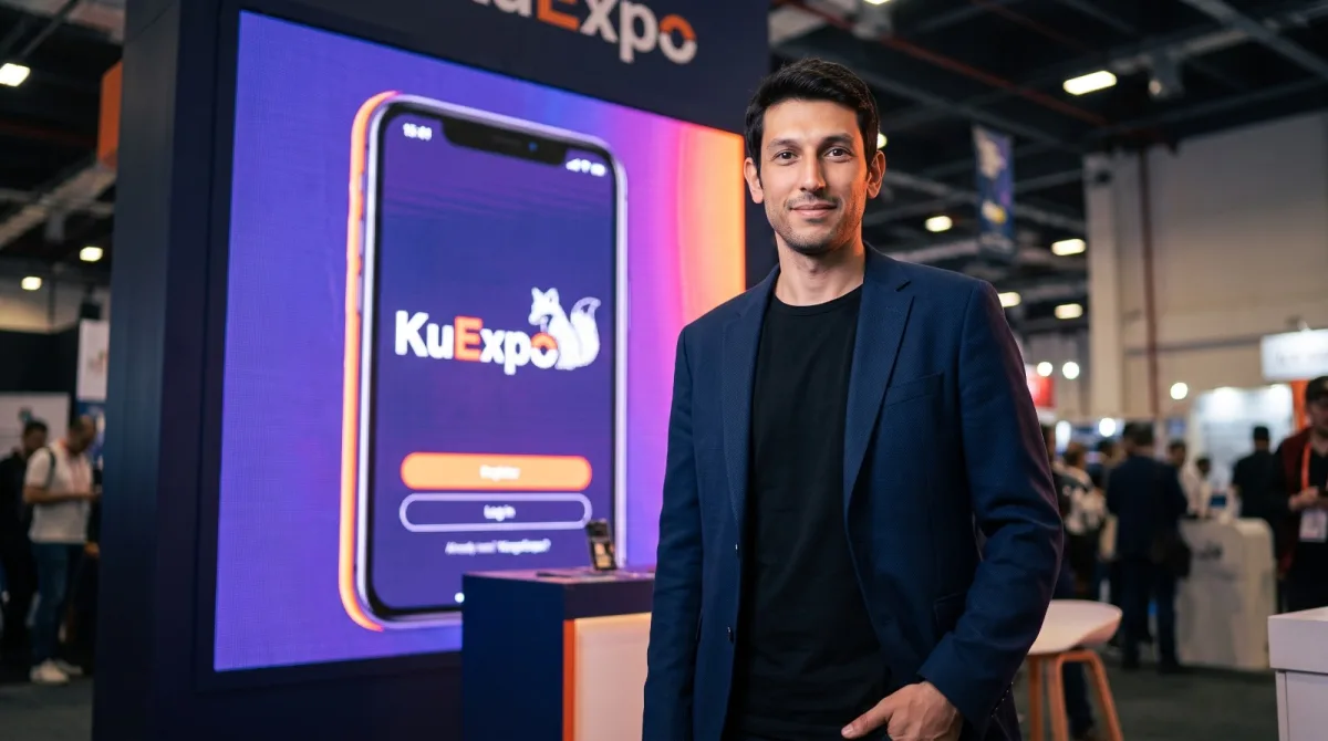 Ugur Cihan Cekic standing in front of the KuExpo app display at an exhibition